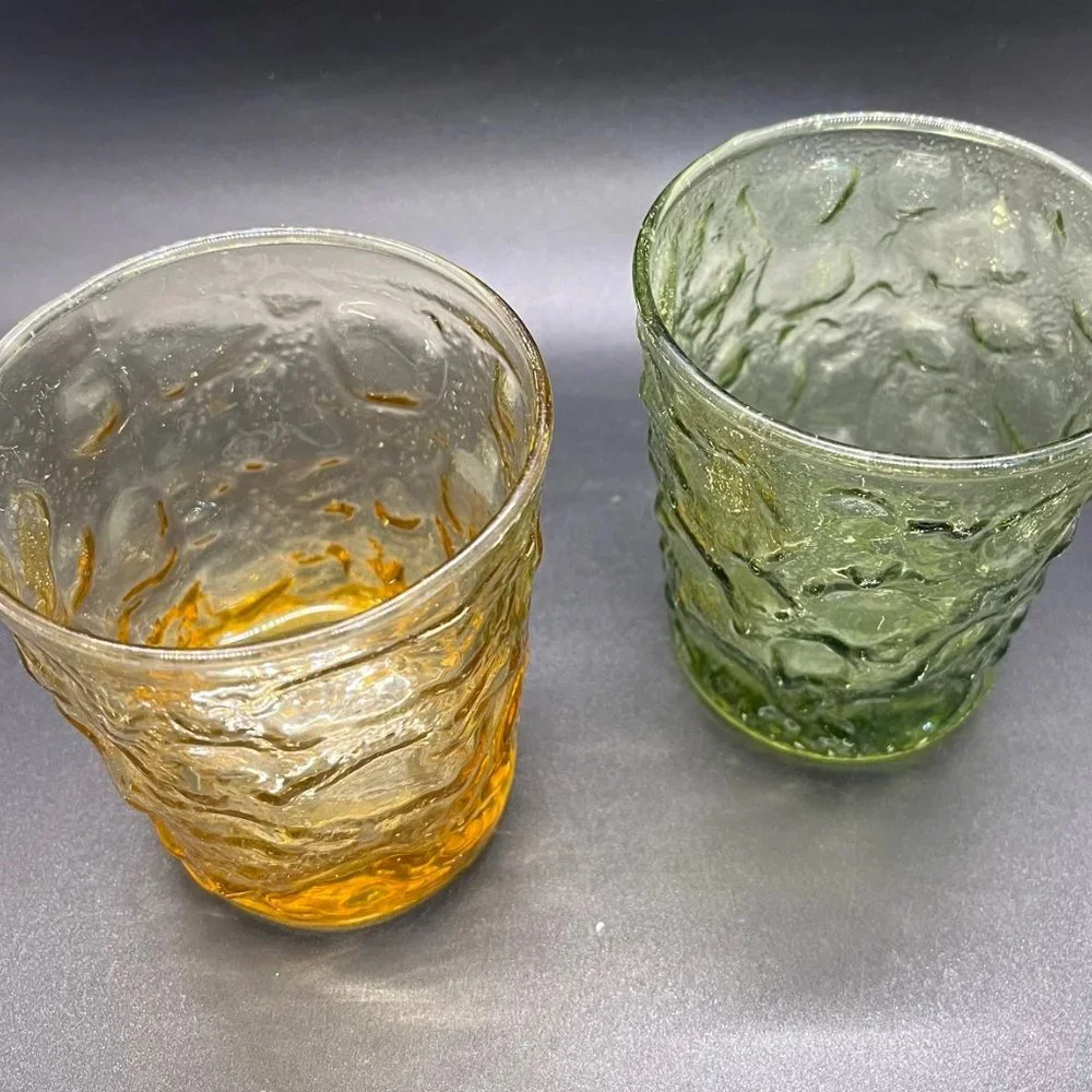 (2) Anchor Hocking Milano Crinkle Honey Gold Amber & Green 7oz Short Rocks Glass